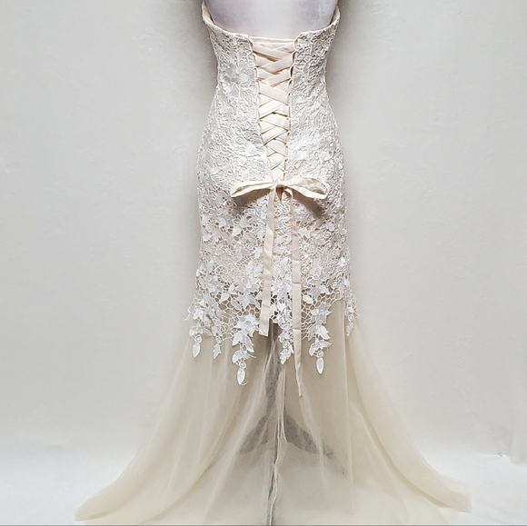 Bridal Ivory Lace Trumpet Mesh Sleeveless Sweetheart Neckline Tulle Maxi Dress - Picture 12 of 15